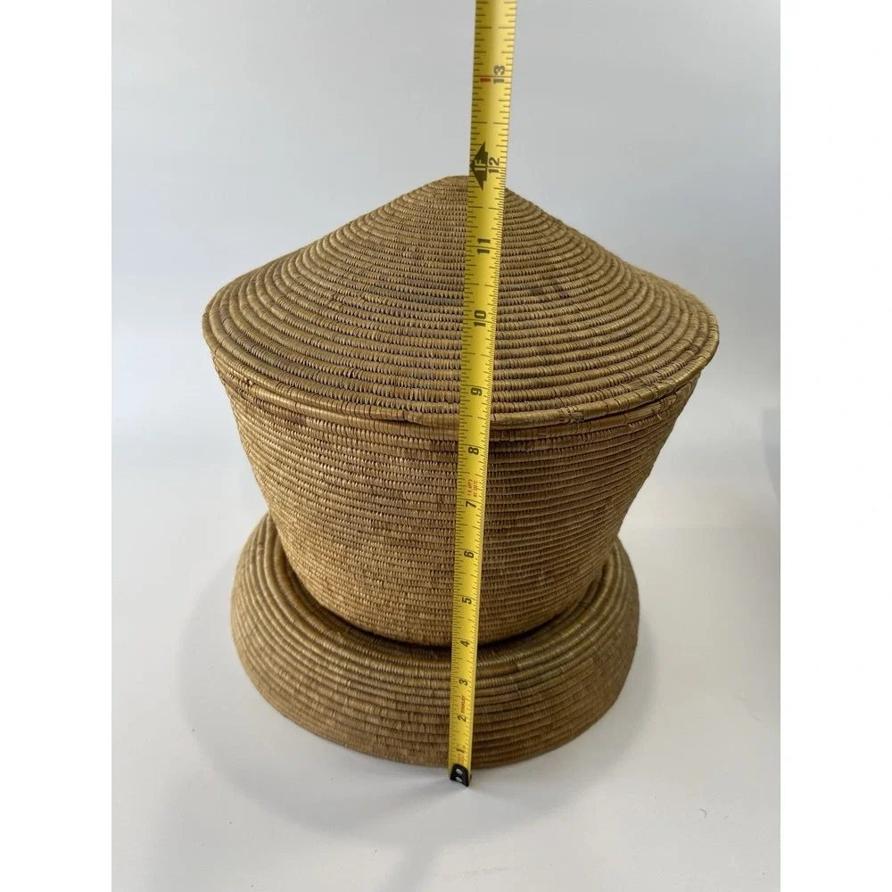 Vintage African Style Handwoven Coil‎ Lidded Basket W/ Colorful Interior Design